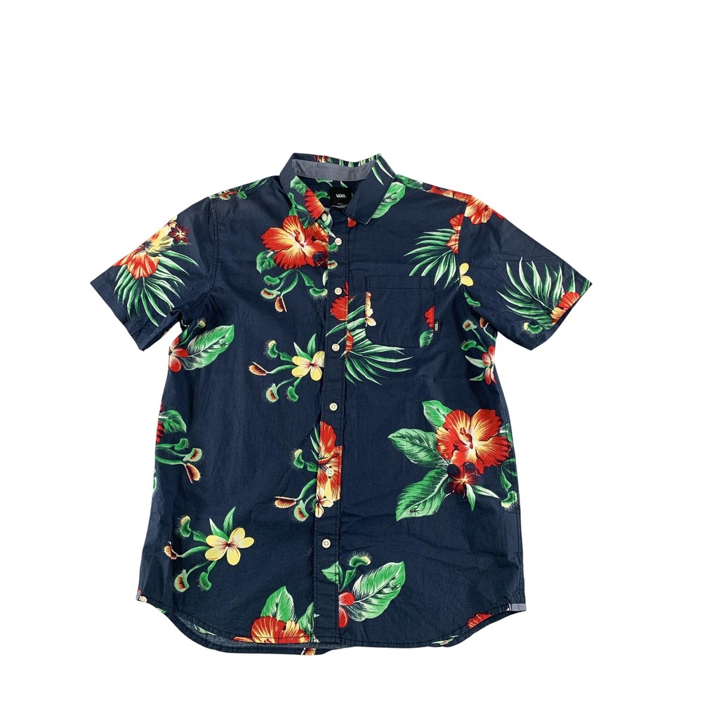 Vans Shirt Mens Small Navy Blue Floral Hawaiian Button Up Classic Fit Summer